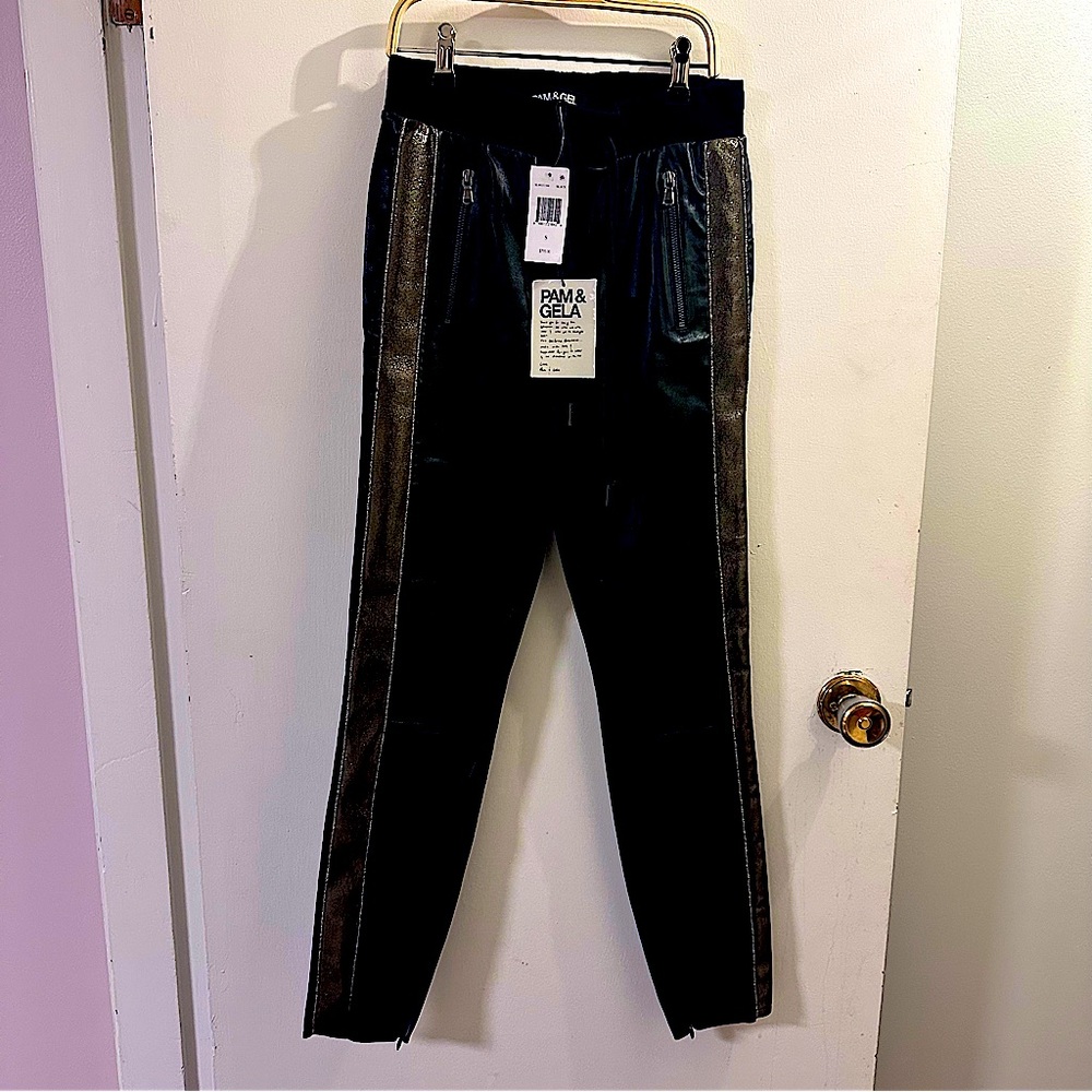 Designer Leather Cigarette Pants Gold Side Panel Pam & Gela Small Womens NWT